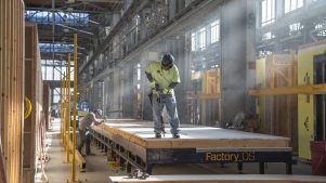 A construction working in a warehouse