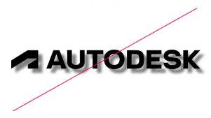 Autodesk primary logo with a drop shadow and a red line struck through