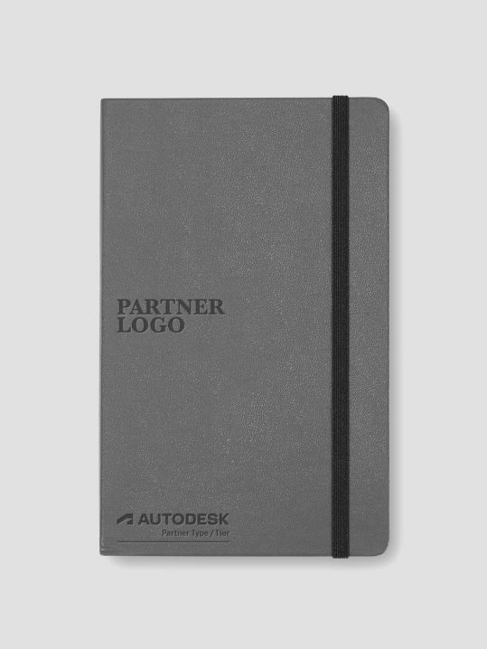 Example of partner logo and Autodesk logo placement on a notepad