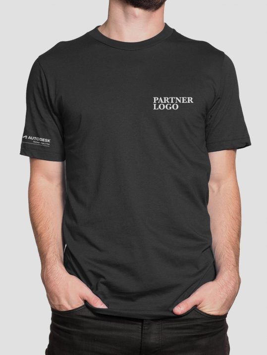 Man in a black t-shirt showing where a partner logo and the Autodesk logo should be