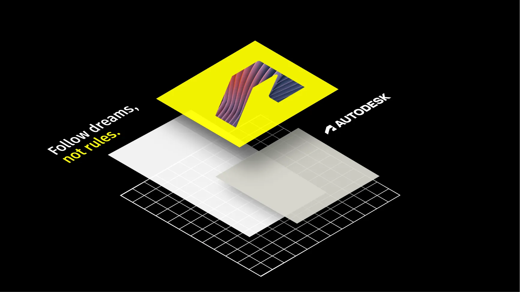 3D exploded view of a simple Autodesk-branded layout, showcasing how the grid works with color blocking, imagery, logos, and text
