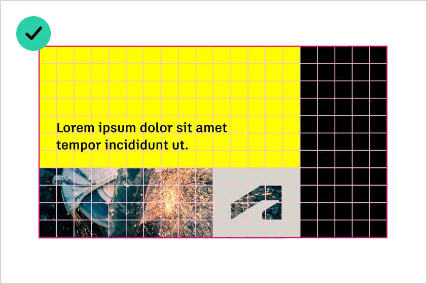 Correct example showing alignment of color blocks to the grid to create clean and structured layouts
