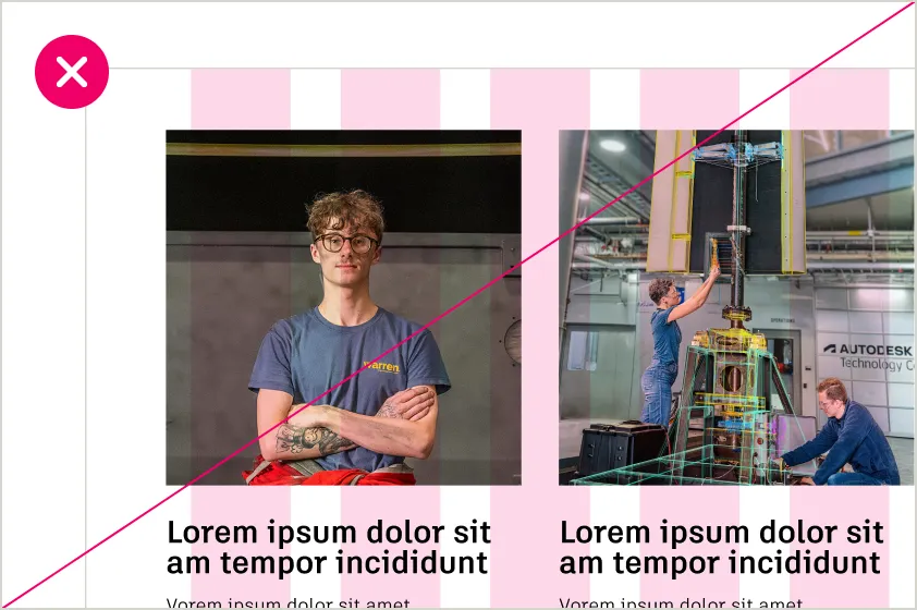 Incorrect example showing a lack of correct gutters and margins between elements in a layout, creating a cramped feeling