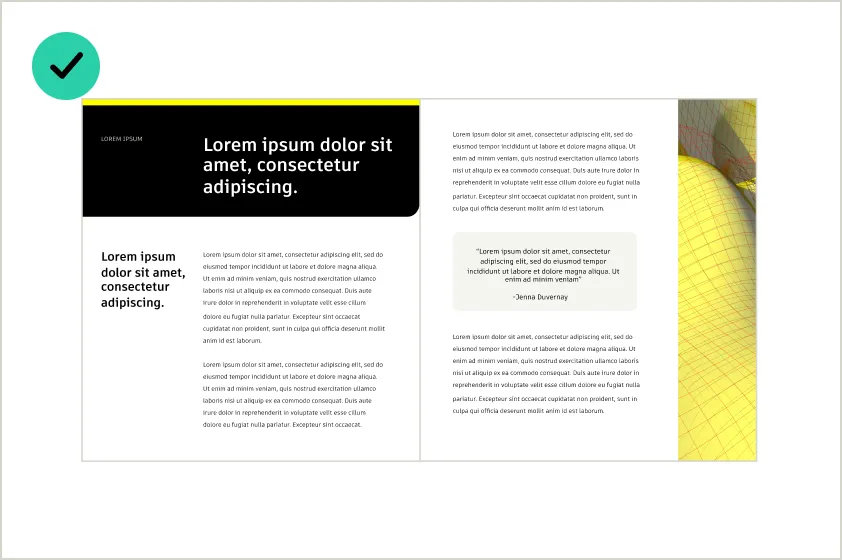 Example of a print layout showing correct usage of bold blocks of black and yellow to indicate primary emphasis, with lighter tints and grays used for supporting sections
