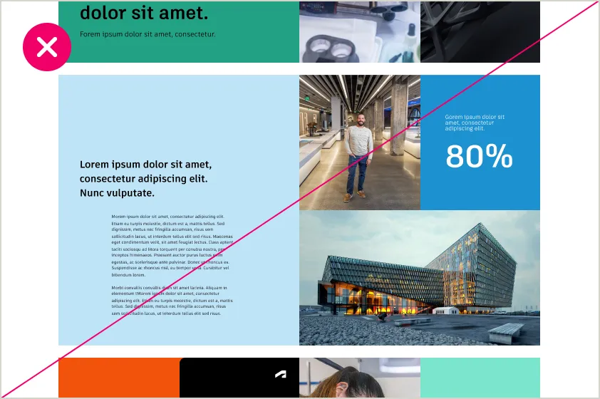 Incorrect example of a layout that overuses secondary colors where primary colors should be used