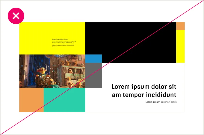 Incorrect example of a layout that overuses color blocks, which creates a crowded, confusing design