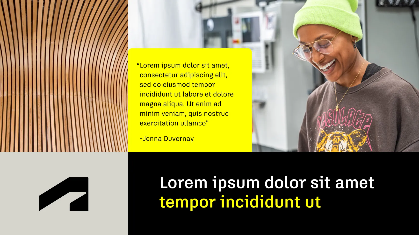 Example layout that juxtaposes sharp corners with rounded ones. The background imagery and text uses sharp corners, while a testimonial quote has a rounded corner, drawing attention and creating a dynamic design
