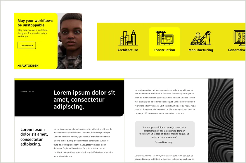 Three examples showing rounded corners to guide attention to key content such as a CTA area, an interactive button, and a quote block
