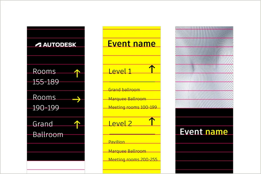 Aligning horizontal placement of typography and visual elements with the rows of Autodesk's grid creates horizontal alignment across the layout. Here, it is shown applied to event wayfinding examples.