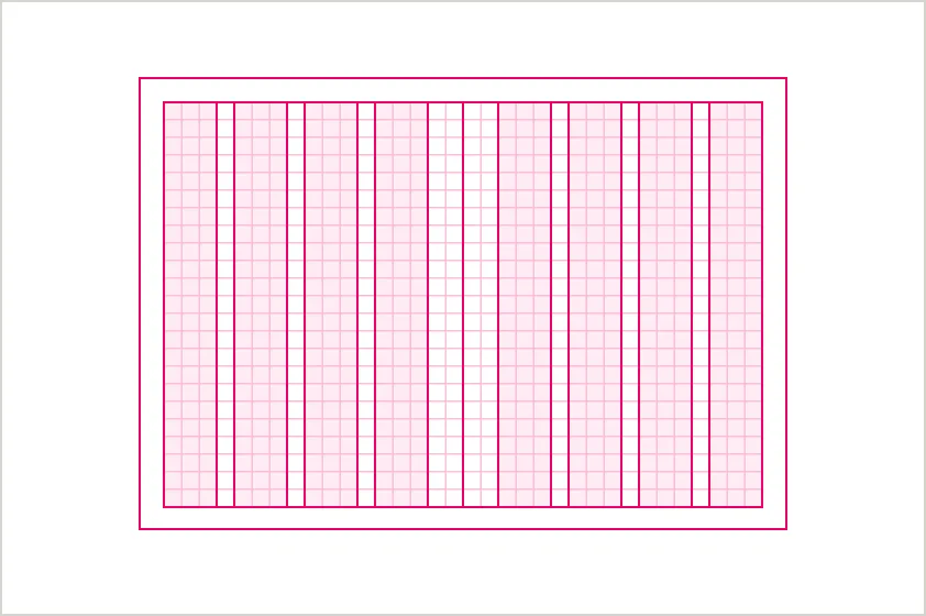 An 8-column modular grid meant for print layouts that divides pages into structured sections