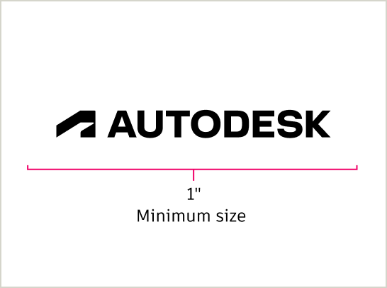 Annotated Autodesk primary logo, showing a 1" minimum size for print