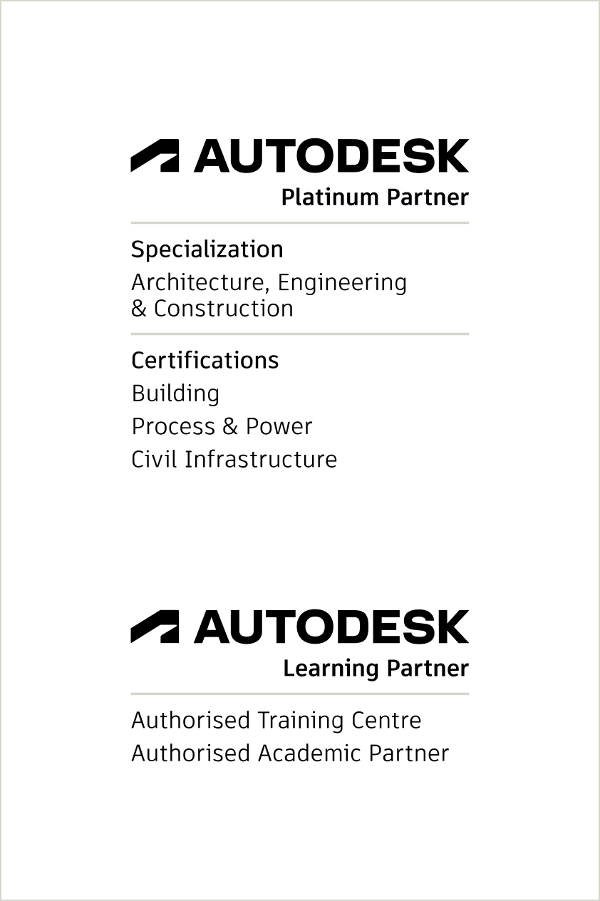 Two examples of more detailed Autodesk Partner Logo lockups — for a Platinum Partner with specializations and certifications, and for a Learning Partner that is both an Authorized Training Centre and an Authorized Academic Partner
