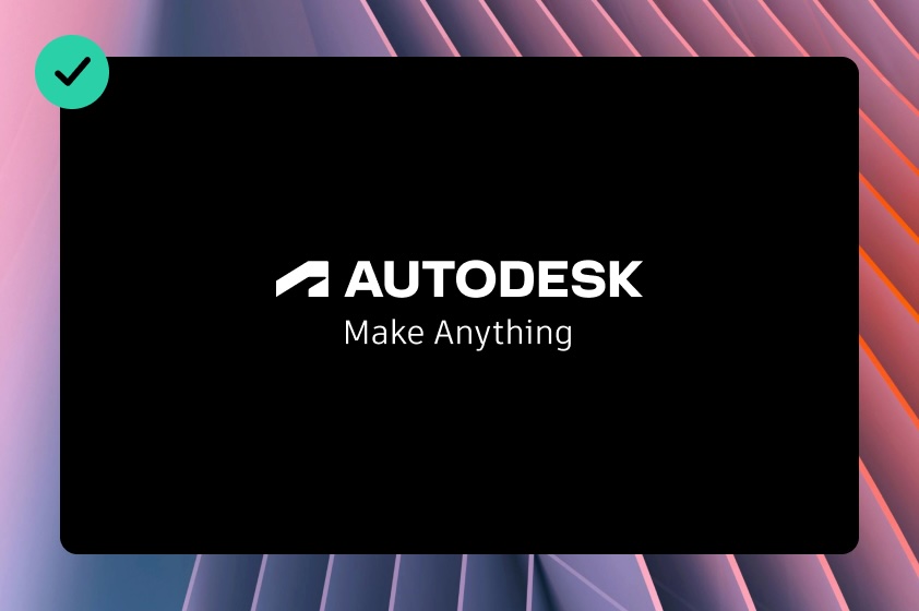Correct usage of the Autodesk logo and tagline in white on a black background, with a colorful textured background image behind the black rectangle