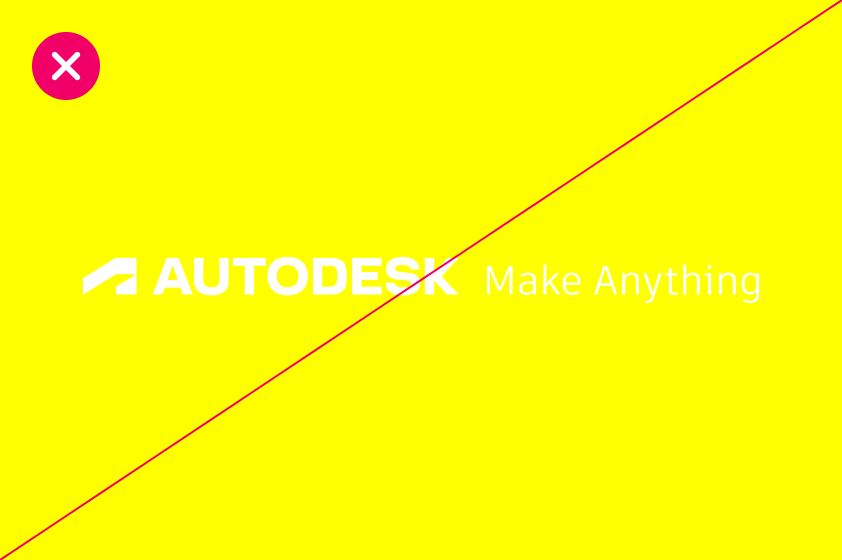 Incorrect usage of the Autodesk logo and tagline in white, on top of a bright yellow background