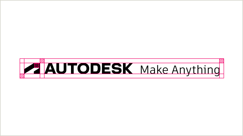 Annotated version of a single-line tagline lockup, showing clear space around the lockup that is equivalent to the height of the crossbar at the top of the Autodesk symbol