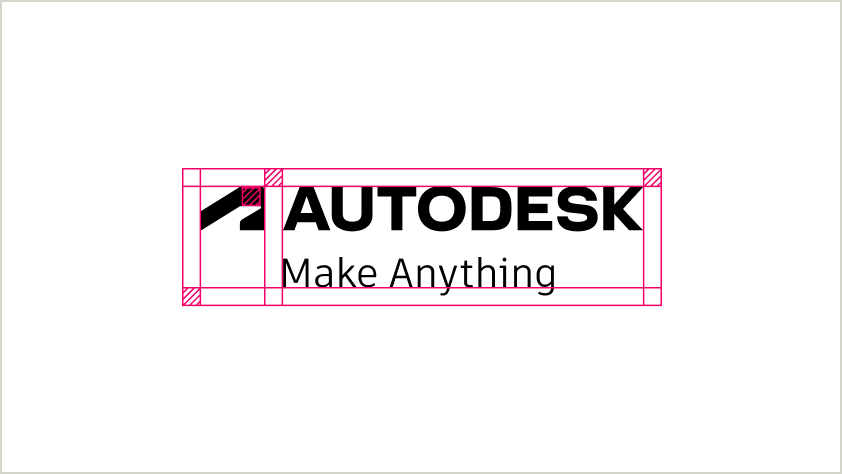Annotated version of stacked tagline lockup, showing clear space around the lockup that is equivalent to the height of the crossbar at the top of the Autodesk symbol