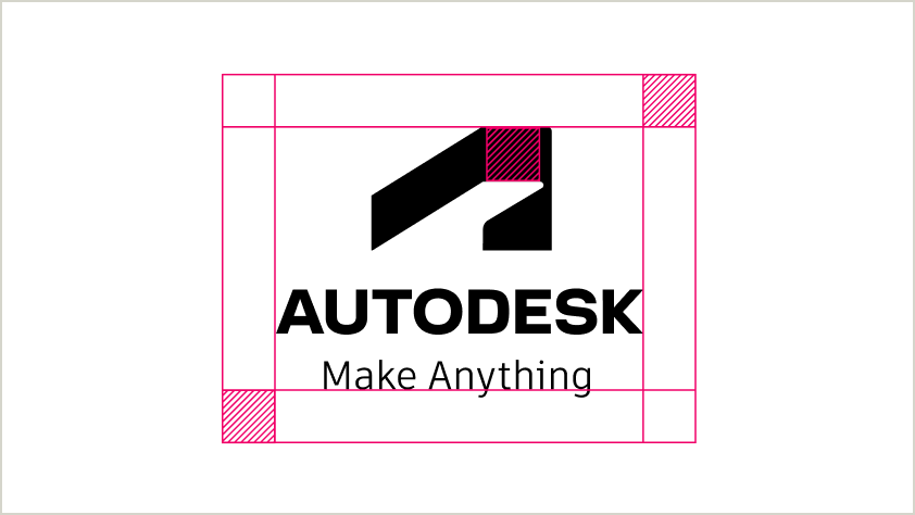 Annotated version of an alternaate stacked tagline lockup, showing clear space around the lockup that is equivalent to the height of the crossbar at the top of the Autodesk symbol