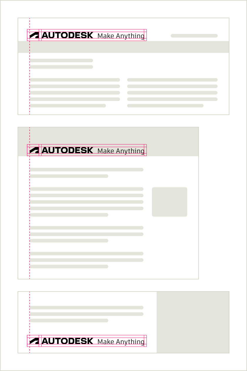 Examples of correct placement of left-aligned logo lockups, showing adequate clear space around the logo, prominent placement, and a high contrast between the lockup and its background