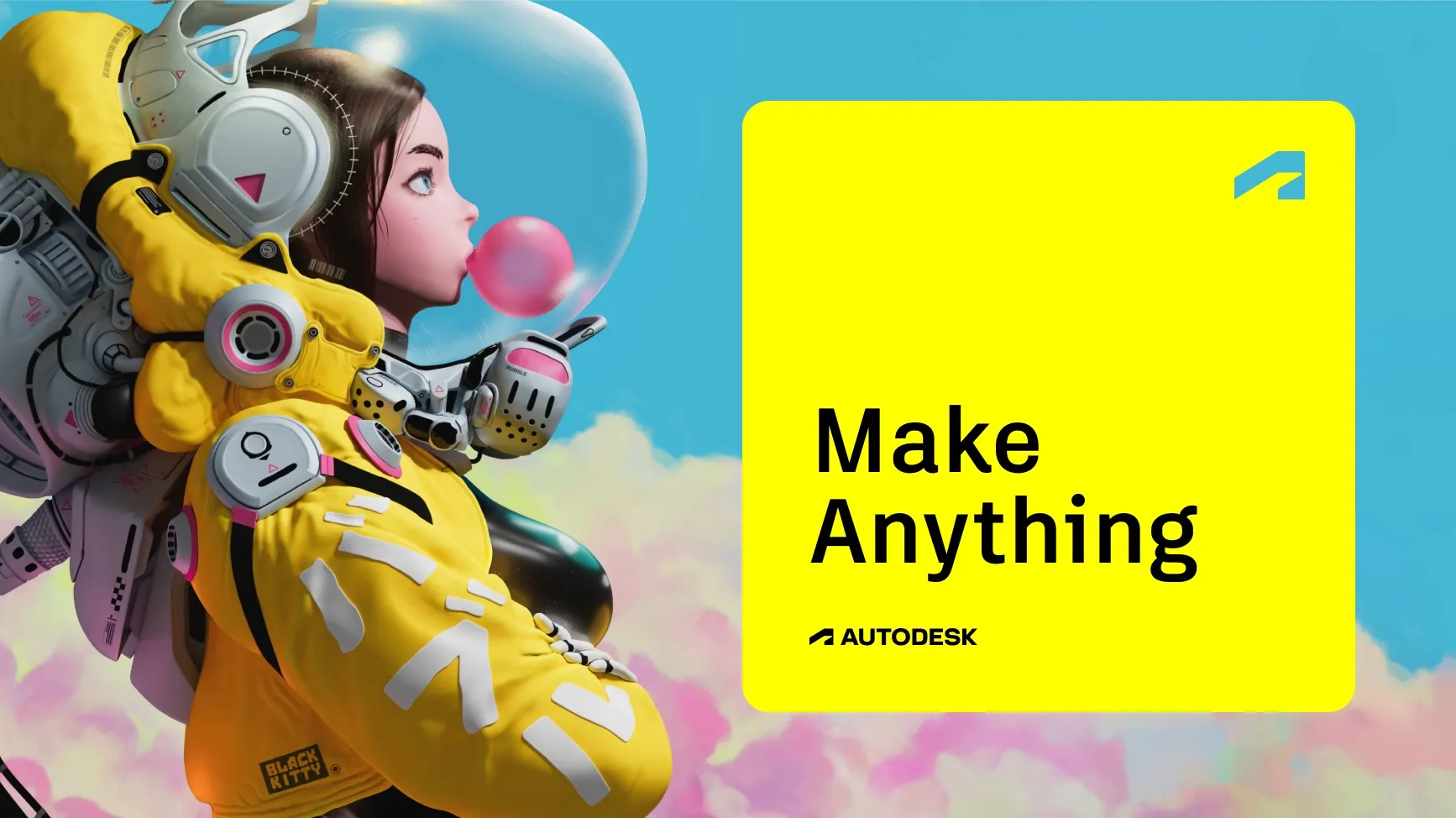 An example of the 'Make Anything' tagline as a stand-alone headline, set on a yellow card against a whimsical 3d-rendered background image
