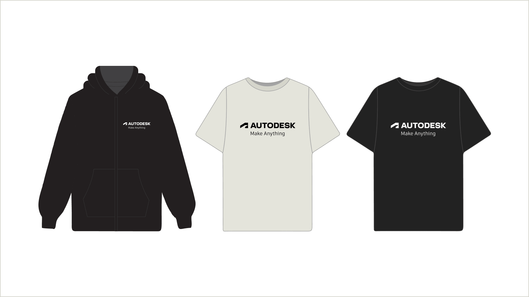 Examples of the Autodesk tagline lockups on a hoodie, grey t-shirt, and black t-shirt