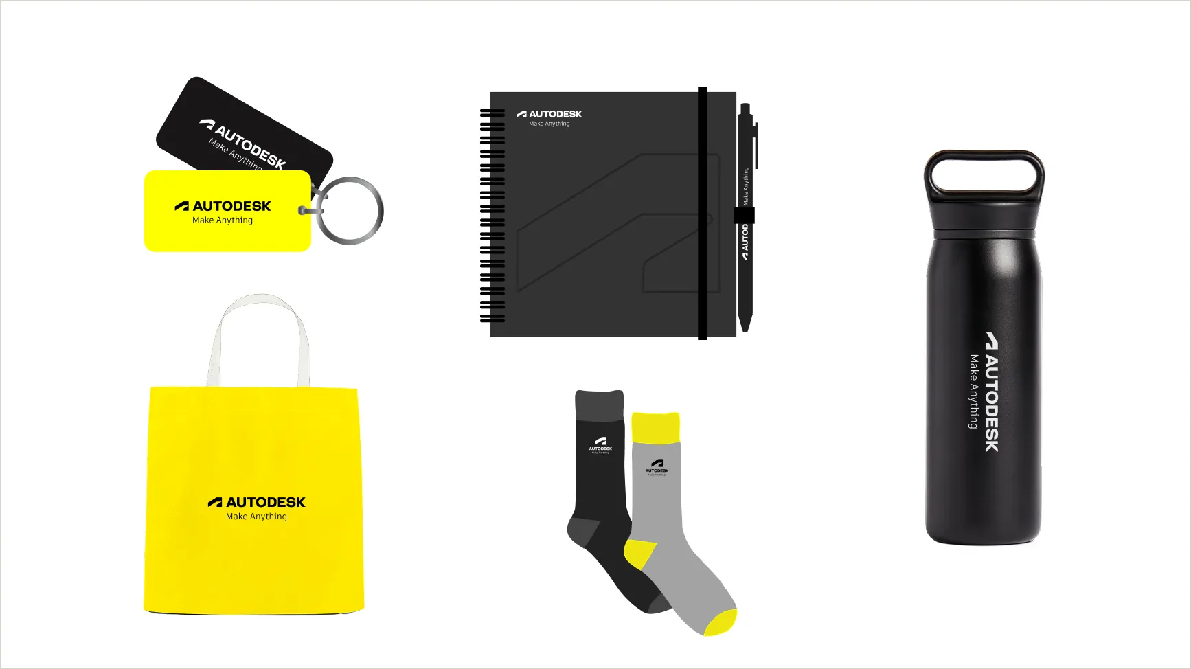 Examples of the Autodesk tagline lockups on a keychain tag, notebook, water bottle, tote bag, and socks