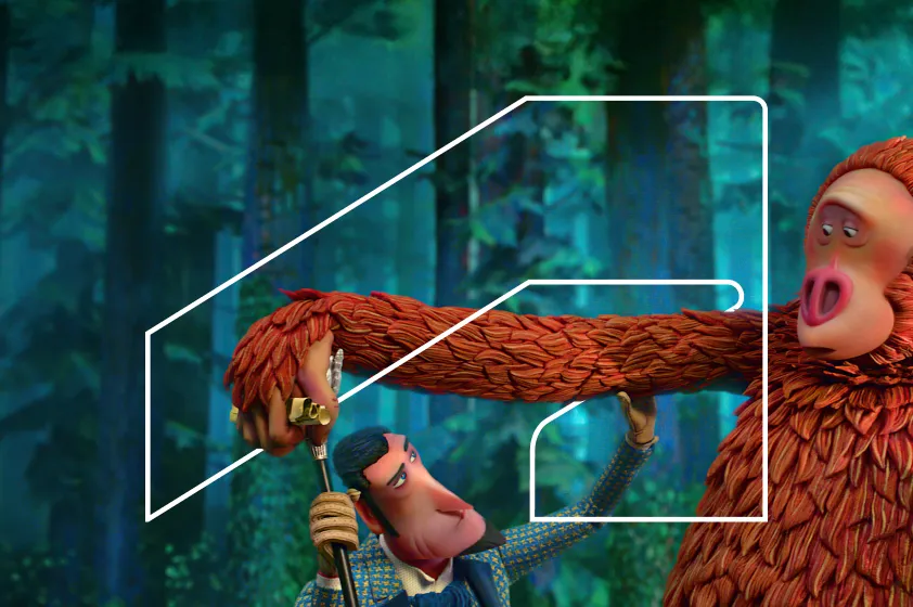 Example of the thread, the Autodesk symbol rendered with a thin outline, often on top of an image. Here, the thread is shown on top of a 3d cartoon rendering of a monkey and a man interacting.