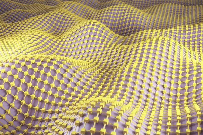 Abstract 3d rendering showing a rippling grid, rendered with yellow cubes at each grid intersection