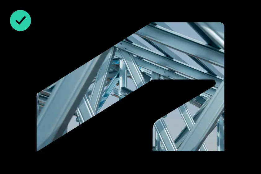 Example of correct usage of The Window, wherein the Autodesk symbol masks an abstract architectural photo of intersecting beams. Black is used as a background color outside of the mask, creating sufficient contrast.