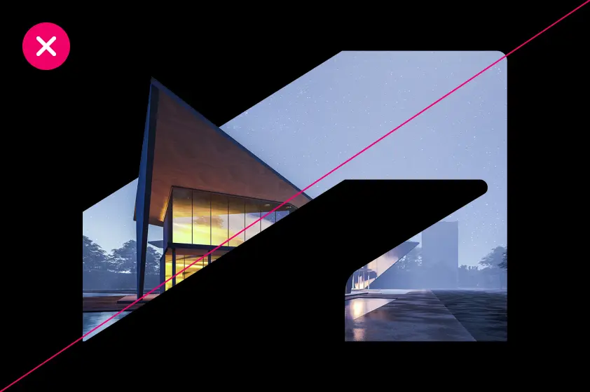 Example of incorrect usage of The Window, wherein part of the masked image breaks outside of the shape of the symbol, compromising its integrity and clarity