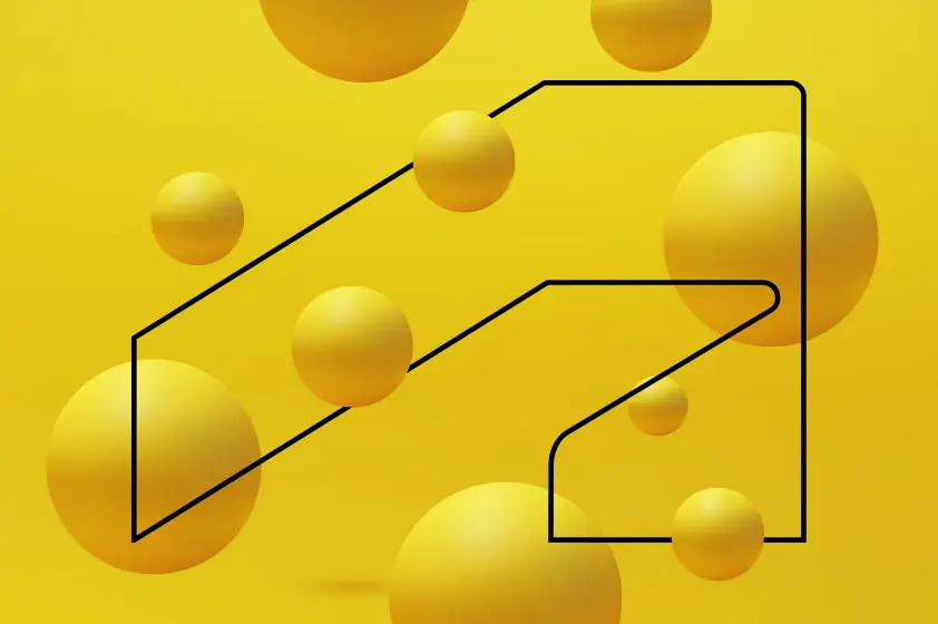 Example of The Thread, a visual device consisting of an outlined Autodesk Symbol. Here, an abstract 3d rendering of spheres is used as a background image, with some aspects appearing on top of the symbol, creating a sense of depth