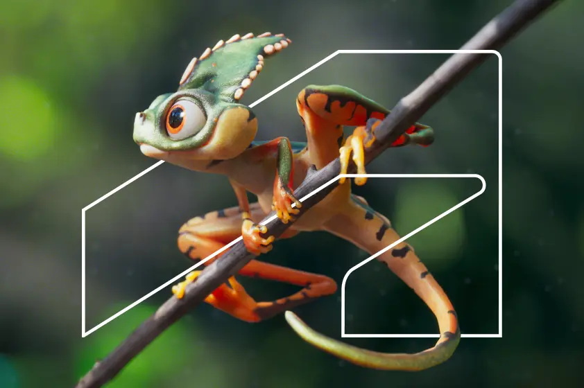 Example of The Thread, a visual device consisting of an outlined Autodesk Symbol. Here, an abstract 3d rendering of a lizard-like creature is used as a background image, with some aspects appearing on top of the symbol