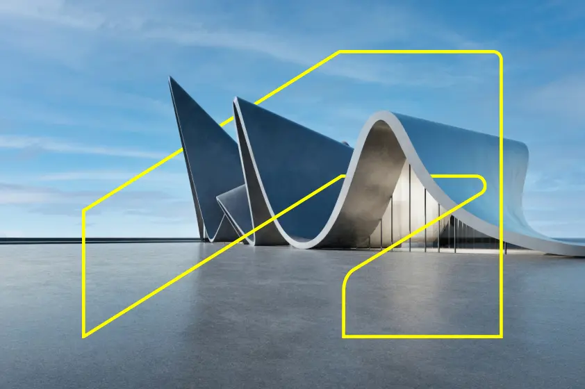 Example of The Thread, a visual device consisting of an outlined Autodesk Symbol. Here, an abstract 3d rendering of an architectural building with a swooping, curved roof is used as a background image, with some aspects appearing on top of the symbol