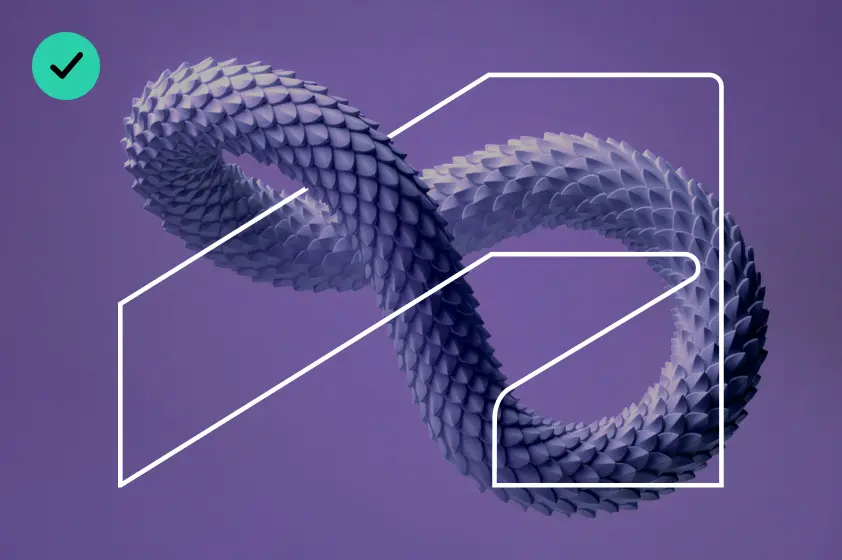 Example of correct usage of The Thread, with an abstract 3d rendered background. The symbol is rendered in Autodesk White, while the background is a dark purple color, creating high contrast between the two elements