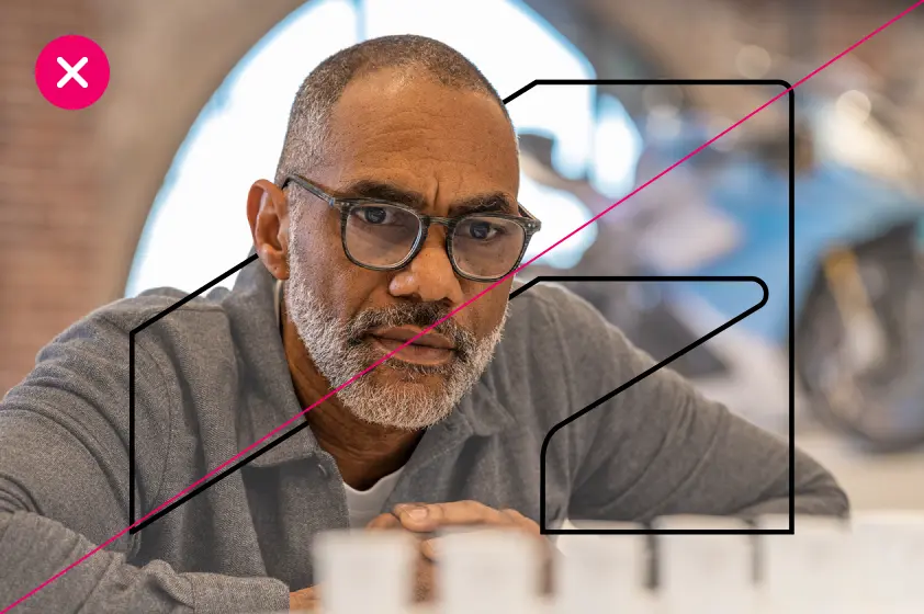 Example of incorrect usage of The Thread, wherein a background image of a man leaning forward is awkwardly placed with his head overlapping the symbol, creating a constricting feeling