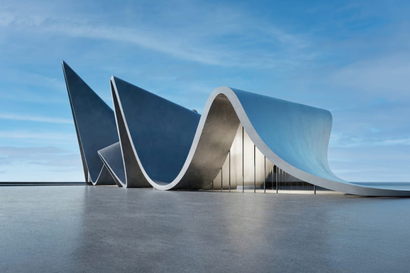 A rendering of a unique building, featuring a curved roof that rises and falls like an ocean wave