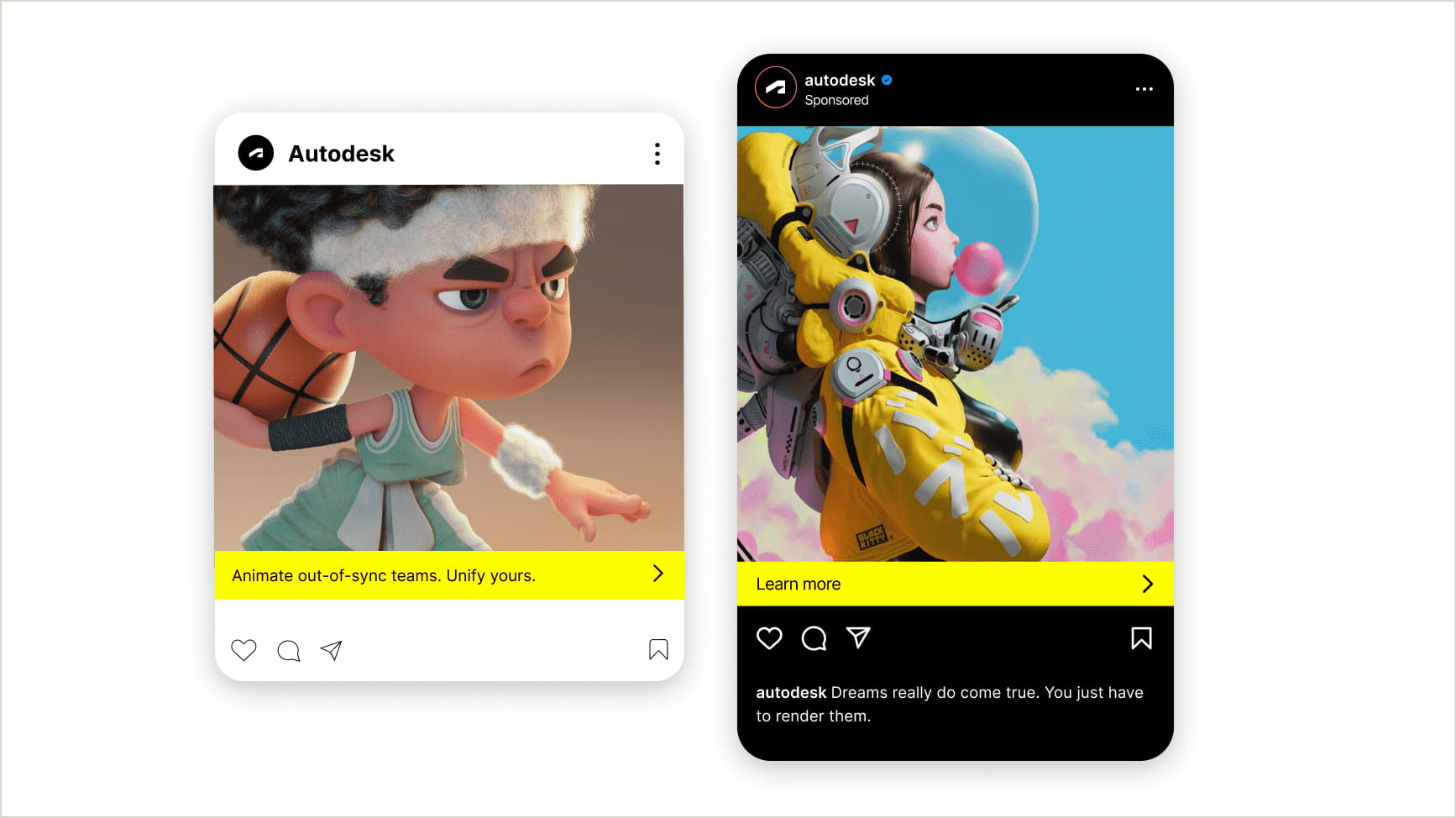 Two mockups of paid social ads, one showing a 3d character playing basketball, the other showing a girl in a futuristic spacesuit blowing a bubble in front of pastel clouds