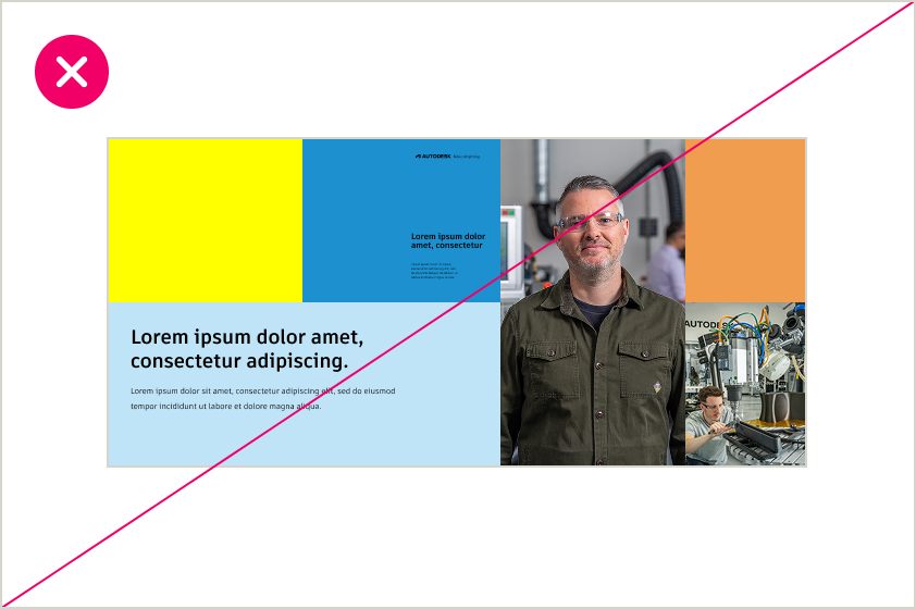 Example of an incorrect use of multiple color themes within a single layout that also uses tints and shades