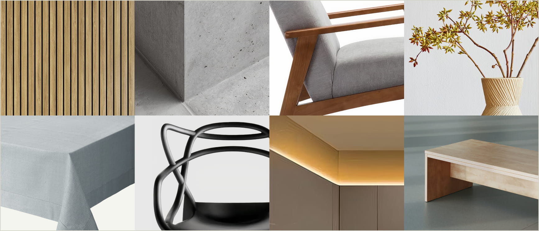 Grid of images that showcase materials, greenery, and finishes that align with the Autodesk brand, including wood and raw concrete