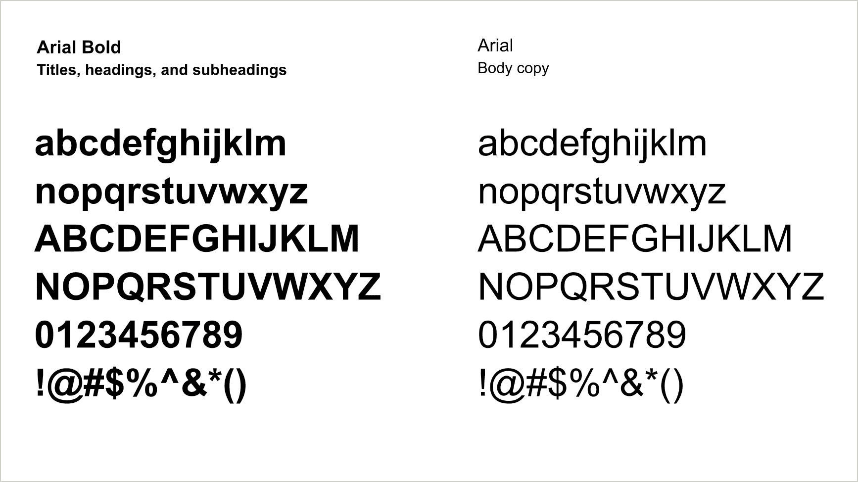 Typographic samples of Arial in bold (for titles, headings, and subheadings), and normal (for body copy) weights