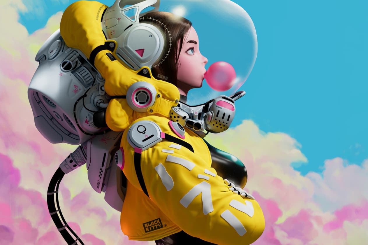 CGI artwork featuring a cyberpunk-inspired space traveler, created using 3D modeling and digital painting techniques