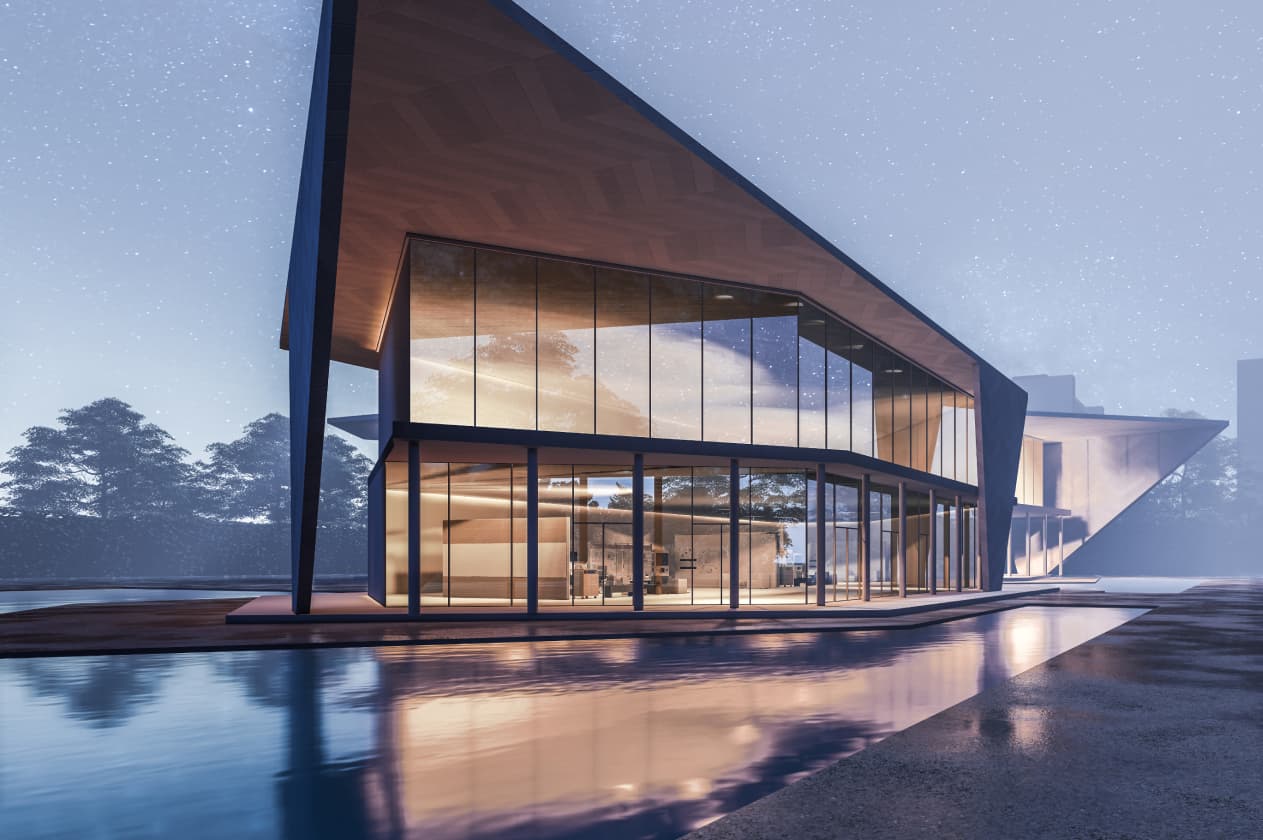 Digitally rendered building with angular lines and large panes of clear glass, glowing warmly in a misty dusk and reflecting on a surrounding pool of water