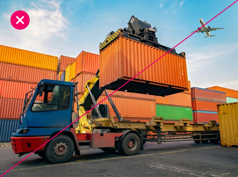 Brightly colored shipping containers are loaded onto a truck as a plane flies overhead, creating an overwhelming composition without a clear focal point. Marked with a red X.