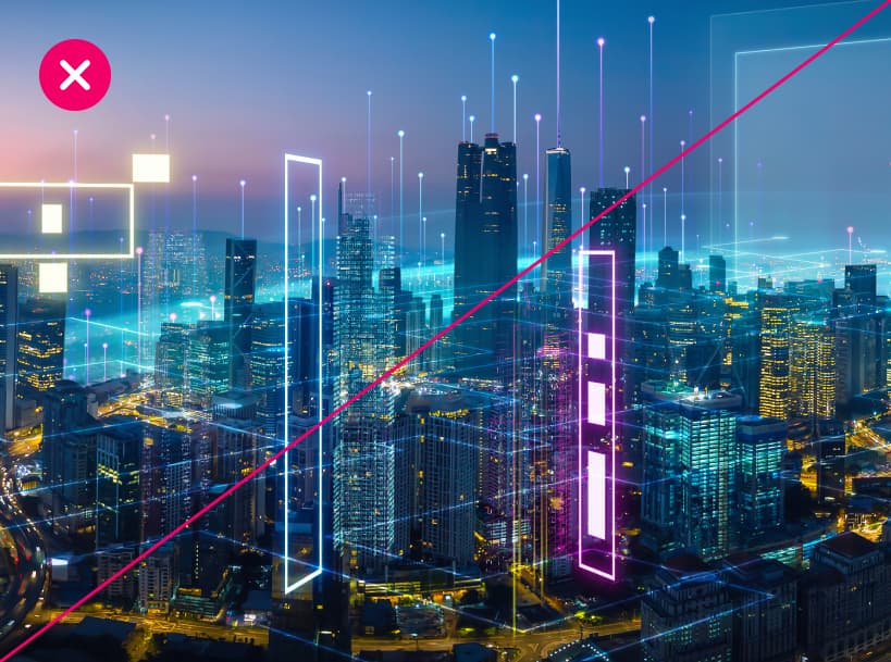 A futuristic cityscape is overlayed with a variety of boxes and lines in bright neon colors, creating an overly busy composition wherein it is unclear what the overlays are indicating. The image is marked with a red X.