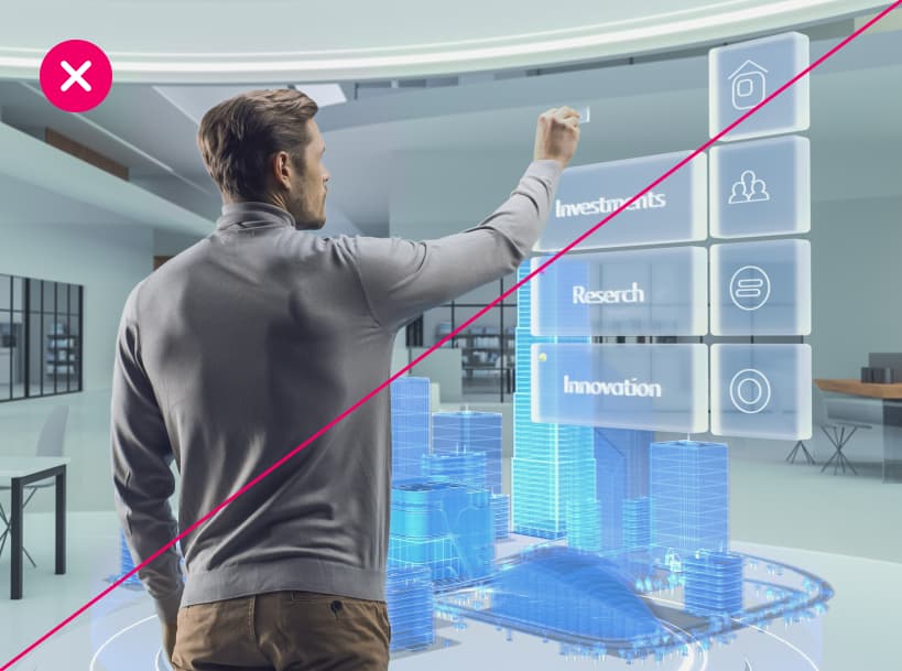 A man faces away from the camera, interacting with a gestural, 3d interface, creating an overly busy scene that makes the Autodesk-related outcome unclear. The image is marked with a red X.