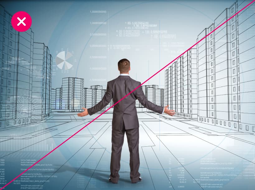 A man in a suit stands facing away from the camera, his palms outstretched against a wireframe city scape with multiple transparent overlays, creating a haphazard, disjointed, and confusing composition. The image is marked with a red X.