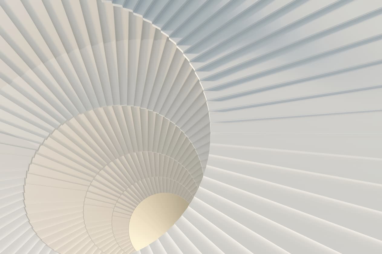 Abstract 3d rendering of a white spiraling staircase, forming a Fibonacci spiral as it winds downwards