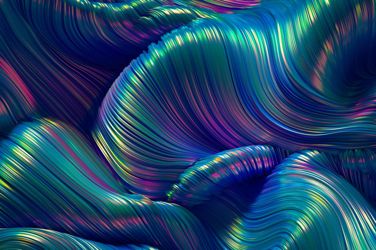 Abstract 3d rendering of a rippling, iridescent fabric, seemingly made of thick threads that shine in vibrant purples, blues, and greens