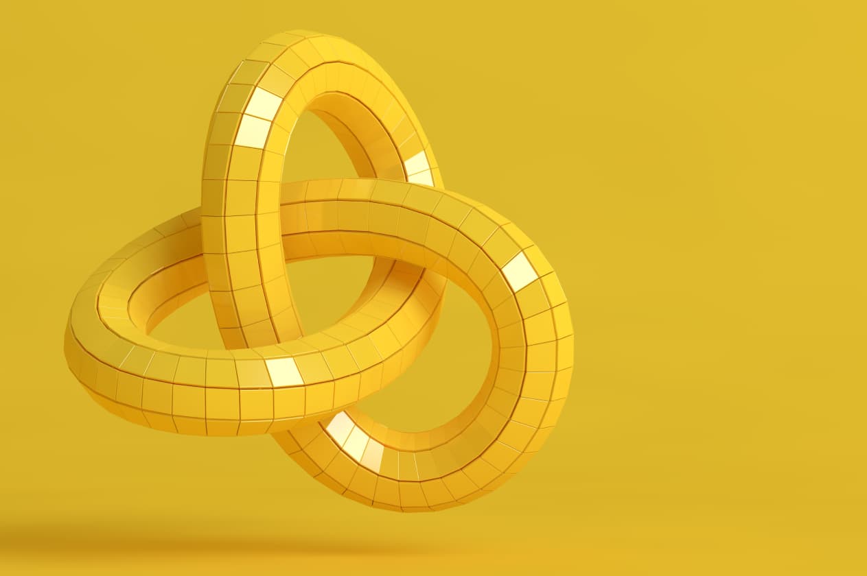 3d rendering of a complex 3d tube shape that winds in and out of itself, forming a seemingly impossible interlocking ring shape