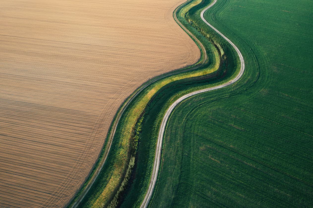 Aerial photo of a winding road cutting through farmland, with neatly-tilled soil on one side and green fields on the other