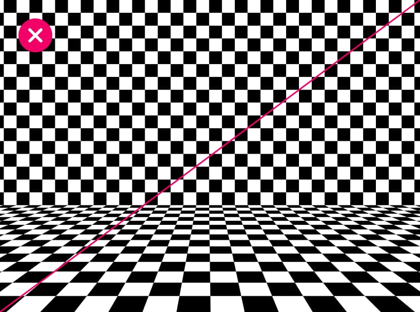 3d rendering of a wall and floor, both rendered in a checkboard pattern, creating a busy, overwhelming image. The image is marked with a red X.